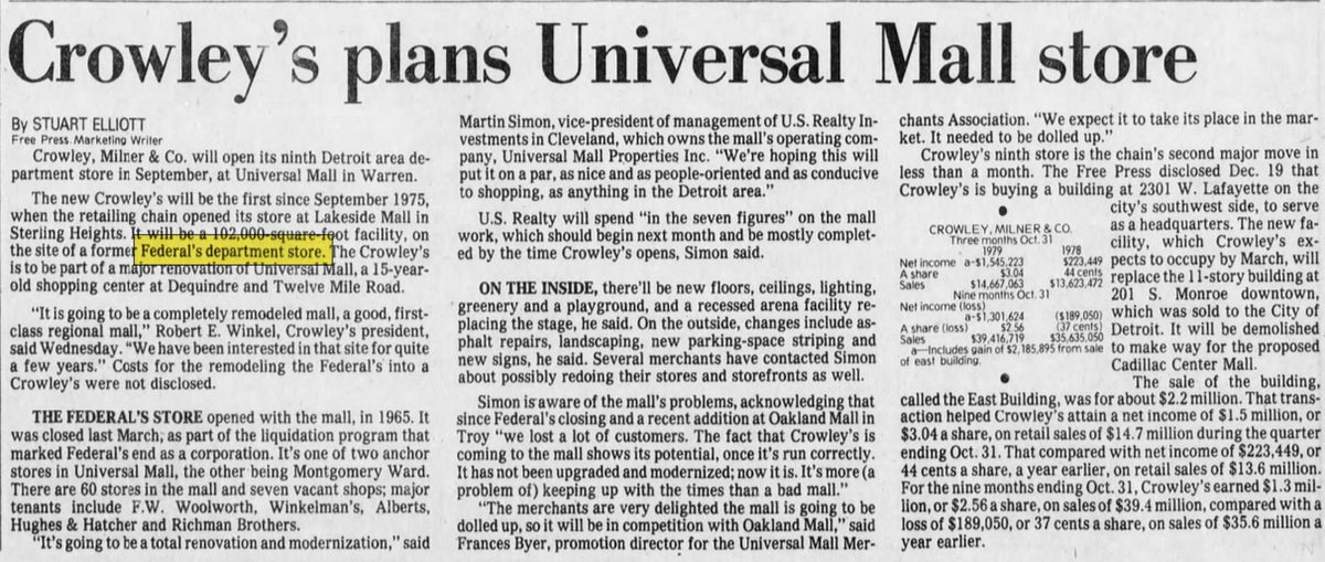 Federals (Federal Department Store) - Jan 3 1980 Article On Universal Mall Branch
